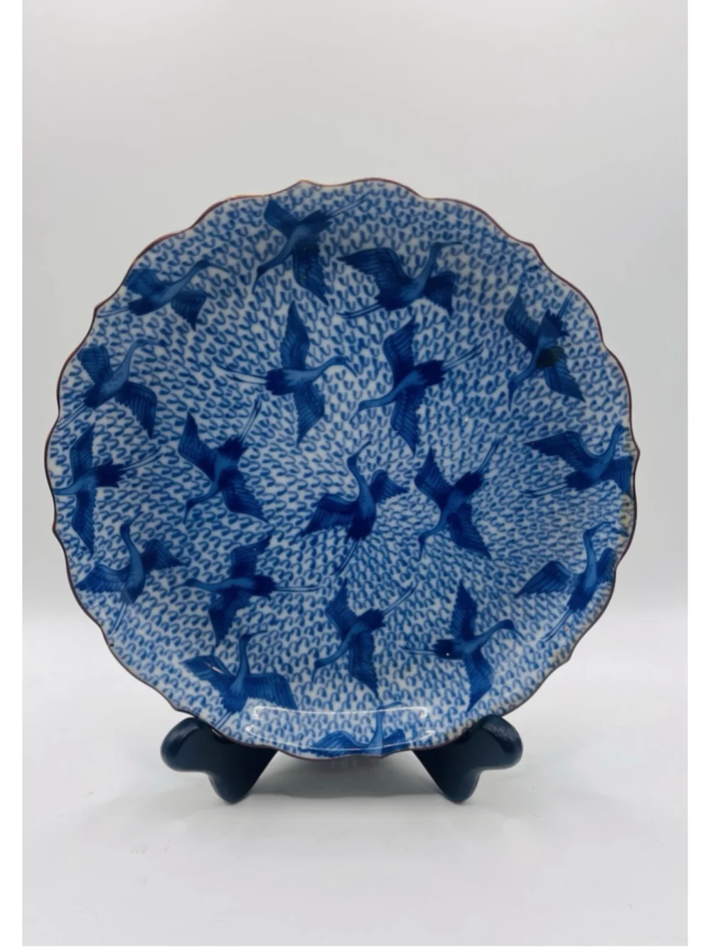 Vintage Fitz & Floyd Blue Stork Scalloped Plate & Trinket Dish Japan Birds 2pc